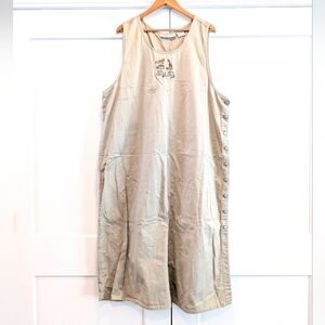 VINTAGE Victoria Jones Safari Embroidered Tan Sleeveless Jumper Overall Dress
